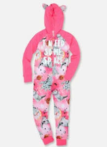 NWT JUSTICE HOODED SWEET SPACE KITTY CAT ONE PIECE PAJAMAS SLEEPER GIRLS SZ 6 7 - Picture 1 of 1