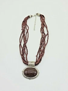 Brown Multi-strand Seed Bead Necklace Oval Ornate Smooth Stone Pendant in Brown - Picture 1 of 6