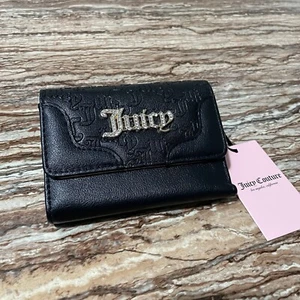 Juicy Couture Wallet Black Faux Leather Medium Double Sided Trifold Cardholder - Picture 1 of 11