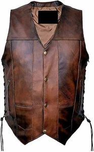 Men's Motorcycle Gun Pockets Biker Club Brown Vest Side Laces Buffalo Leather - Picture 1 of 4