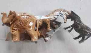Mini Hand Carved Wood Safari Animals, Set of 4 Elephant Lion Horse Cheetah - Picture 1 of 5