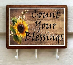 SUNFLOWER Plaque - Count Your Blessings - Hooks for Keys or Other Hanging Items - Picture 1 of 1