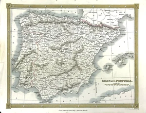 Spain & Portugal map engraved by Alex Findley original colour 1834 - Picture 1 of 3