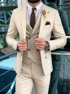 Herren Anzug Beige 3-teilig Spitzes Revers Slim Fit Abschlussball Bräutigam Smoking Hochzeitsanzug - Bild 1 von 9