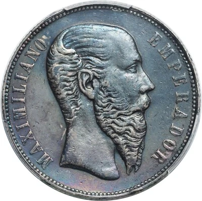 1866, México, Maximiliano I. Moneda de 50 centavos de plata. Tonificación arco iris! PCGS XF+ Foto 1 de 4