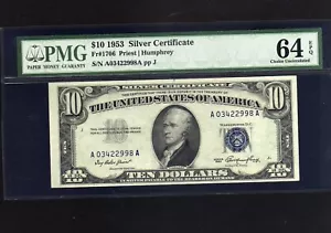 1953 Fr 1706 $10 SILVER CERT A/A BLOCK S/N A03422998A PMG 64 EPQ - Picture 1 of 2