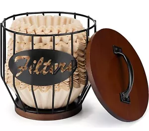 Coffee Filter Holder with Lid Wood and Metal Coffee Filter Storage Container - Picture 1 of 7