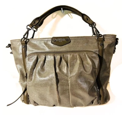 MZ Wallace Gray Leather Trim Glazed Linen Metallic Front Pocket Satchel Bag - Image 1 of 4