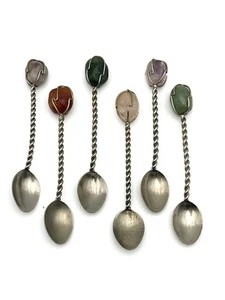 Vintage Cocktail Spoons Polished Stone Accents Set Of 6 Twisted Handle - Picture 1 of 7