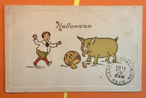Antique Gibson Halloween Postcard Classic 1913 Original JOL PUMPKIN BOY 565-A - Picture 1 of 3