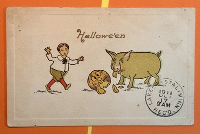 Antique Gibson Halloween Postcard Classic 1913 Original JOL  PUMPKIN BOY 565-A - Image 1 of 3