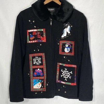 STUDIO JOY Suéter Cárdigan Cuentas Imitación Piel Invierno Cremallera Mujeres PL Petite L Negro Foto 1 de 4