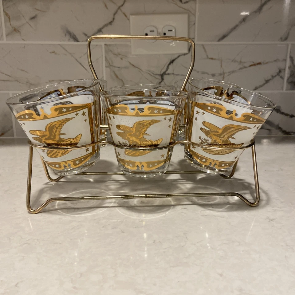 Vtg MCM Gold Trim American Eagle Barware Set Of 6 Old Fashioned W Caddy - Image 1 of 4