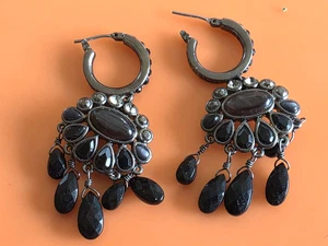 Vintage Black Faceted Lucite Charms Crystal Rhinestone Dangle Earrings - Picture 1 of 4