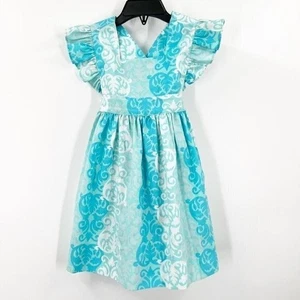 Eleanor Rose Blue Damask Pinafore Dress Blue Girls Size 2 Tie Back Ruffle - Picture 1 of 10