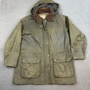 Vintage LL Bean Waxed Jacket Womens Large Green Wool Houndstooth Lined Full Zip - Picture 1 of 13