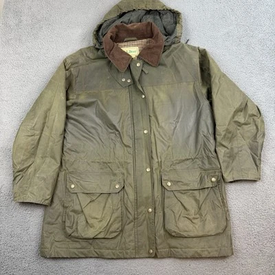 Vintage LL Bean Waxed Jacket Womens Large Green Wool Houndstooth Lined Full Zip - Image 1 of 4