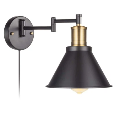 Swing Arm Wall Lamp Plug-in Cord Industrial Wall Sconce, Bronze and Black Fin... - Image 1 of 4