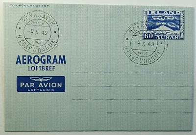 1949 FDC Reykjavik  Iceland 60 Aurar Aerogram Loftbref First Day Airmail Cover - Image 1 of 2