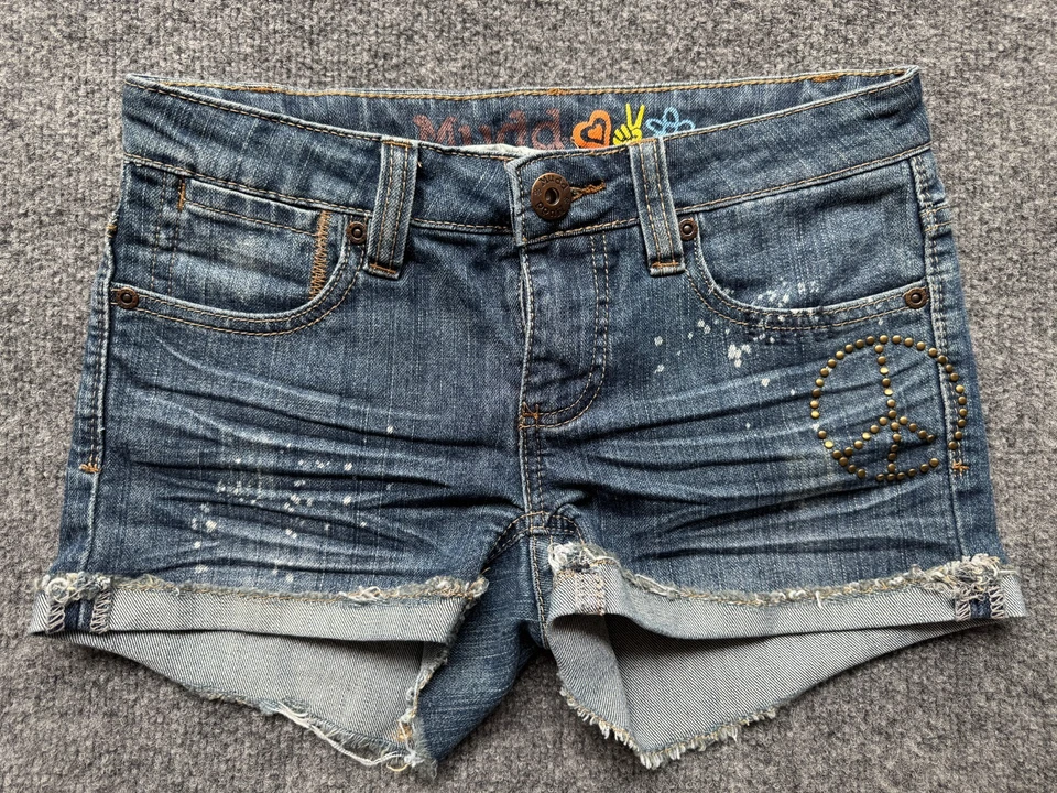 Mudd Jean Shorts Paint Splatter Peace Sign Juniors Size 1 Blue Denim Cuffed - Image 1 of 4