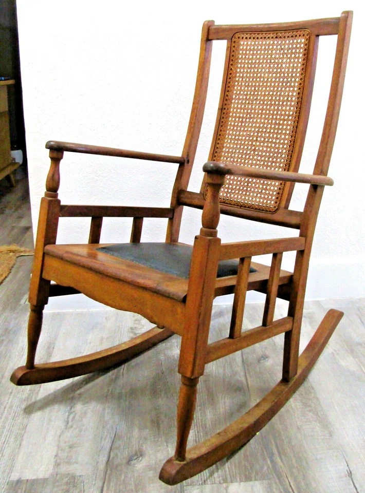 Antique Mission Style Oak Cane Back Black Leather Seat Rocking Chair - Image 1 of 4