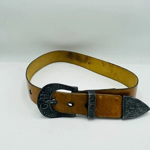 Cinturón de cuero marrón Gilles Herve años 80 con hebilla plateada pesada T 85 Francia - Imagen 1 de 11