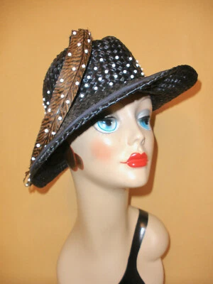 Sexy Navy Blue Straw Fedora Hat w/ Long Brown Feather & White Beads by Mr John - Image 1 of 4
