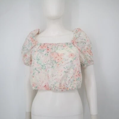 H&M MULTI FLORAL  Puff Sleeve Cotton Festival Crop Top XS - Image 1 of 4