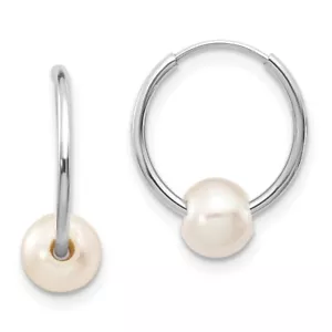 14k White Gold 5-6mm White Cultured Freshwater Pearl Endless Hoop Earrings - Picture 1 of 6