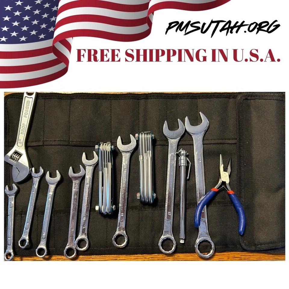 Roll Up Motorcycle Tool Kit Bag Pouch Pockets Heavy Duty Metric Wrench Set Tools - Image 1 of 4