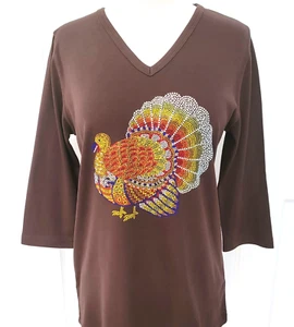 S M L or XL Top 3/4 Sleeve Rhinestone Glamorous Turkey Thanksgiving Colorful - Picture 1 of 10