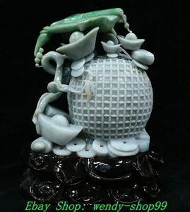 Natural Emerald Jadeite Green Jade FengShui Wealth Coin Yuanbao Hydrangea Statue - Picture 1 of 16