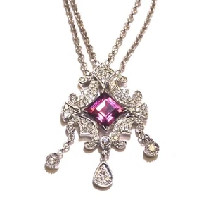 18k white gold Pink Tourmaline Gemstone Natural diamond lariat Necklace 13.8g - Picture 1 of 11