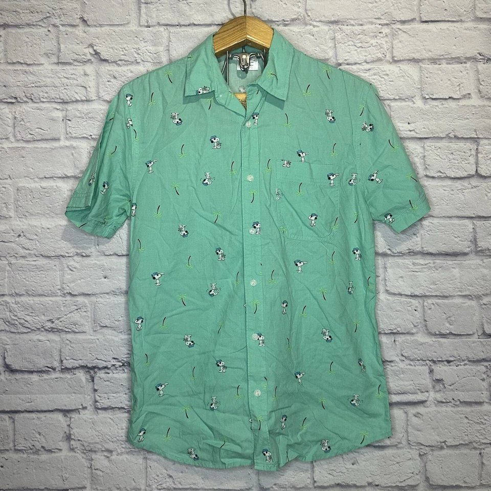Peanuts Mens Snoopy Button Up Short Sleeve Shirt  Blue Green Size S - Image 1 of 4