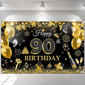 Happy 90Th Birthday Banner for Men Black and Gold Glitter Balloon 90 Birthday Pa - Picture 1 of 12