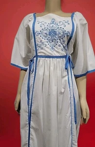 Louisa Cottagecore Fits S White Blue Embroidery Women's Dress Ties On Waist #C - Picture 1 of 12