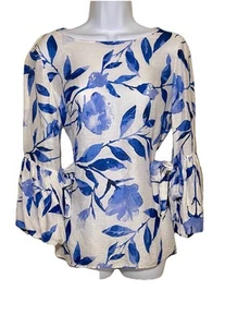 Carolina Herrera size 4 Small Silk & Linen royal blue & white floral print top - Picture 1 of 6