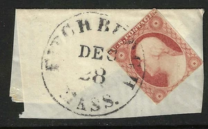 Sc #10/1 1 DEC 28 Fitchburgh MASS Cancel 3 Cent Washington 1851-57 US 16-8-61 - Picture 1 of 2