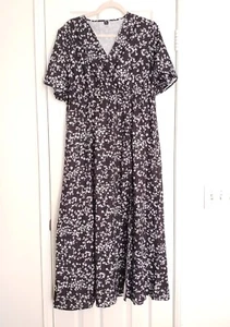 Women Black Floral Pattern V Neck Short Sleeve Long Dress Plus Size 3X - Picture 1 of 12