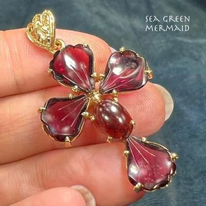 14k Gold Carved Rhodolite Garnet Cabochon Cross Pendant. 2" - Picture 1 of 12