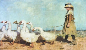 Girl With Flock of Geese To Pastures New Sir James Guthrie 25.25x15 in - Picture 1 of 3