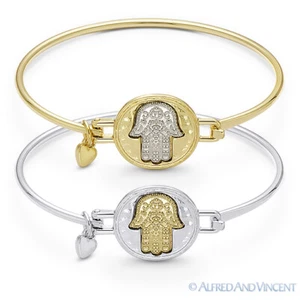 Hamsa Hand of Fatima Evil Eye Luck Heart Charm Judaica Kabbalah Bangle Bracelet - Picture 1 of 3