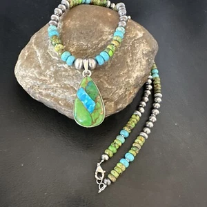 Collar de cuentas de plata esterlina colgante turquesa mohave azul verde para mujer 16923 - Imagen 1 de 12