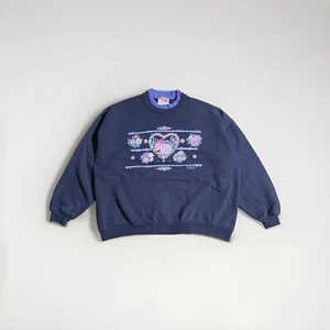 Vintage Grannycore Pullover Sweatshirt Hearts Floral Size LARGE? Navy Blue USA - Picture 1 of 21