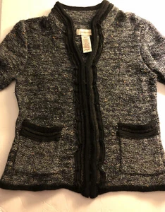 Covington Cardigan Sweater S Marled Black Gray Hooks Eye Chain Ribbon Purl Knit - Picture 1 of 9