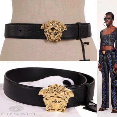 28/70 NEW $425 VERSACE RUNWAY Black Grainy Leather GOLD MEDUSA LOGO Classic BELT - Image 1 of 4