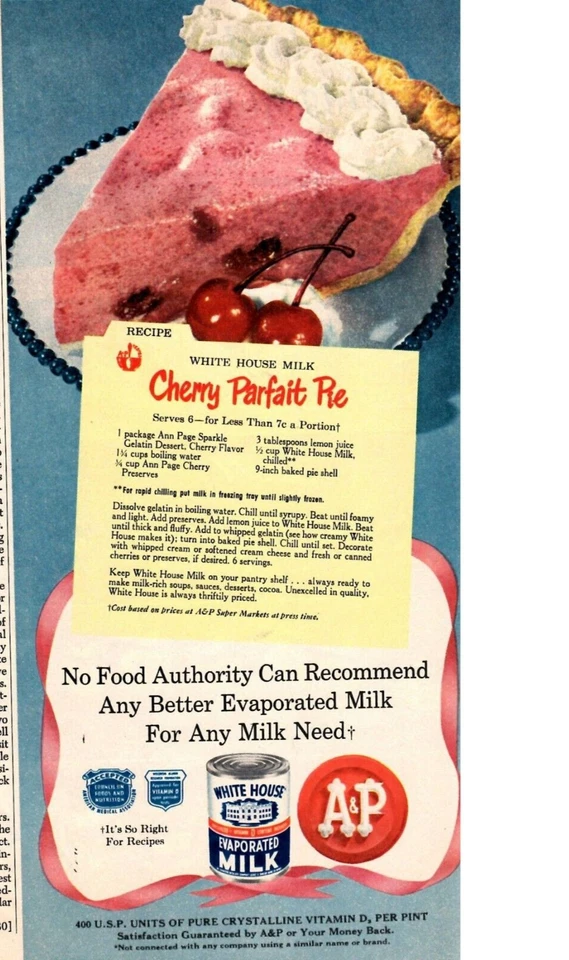 1950 Печатная реклама A & P Белый дом испаренное молоко вишня парфей пирог рецепт - Изображение 1 из 1
