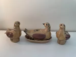 California Cleminsons Distilefink pottery Butter Dish Salt & Pepper Shakers Bird - Picture 1 of 6