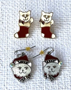 Christmas Holiday Earrings Cat Kitten 2 Pair Red, Cream, White Pierced - Picture 1 of 7