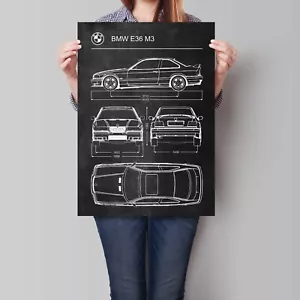 BMW E36 M3 Car Poster Vintage Blueprint Art Retro Schematic - Picture 1 of 5